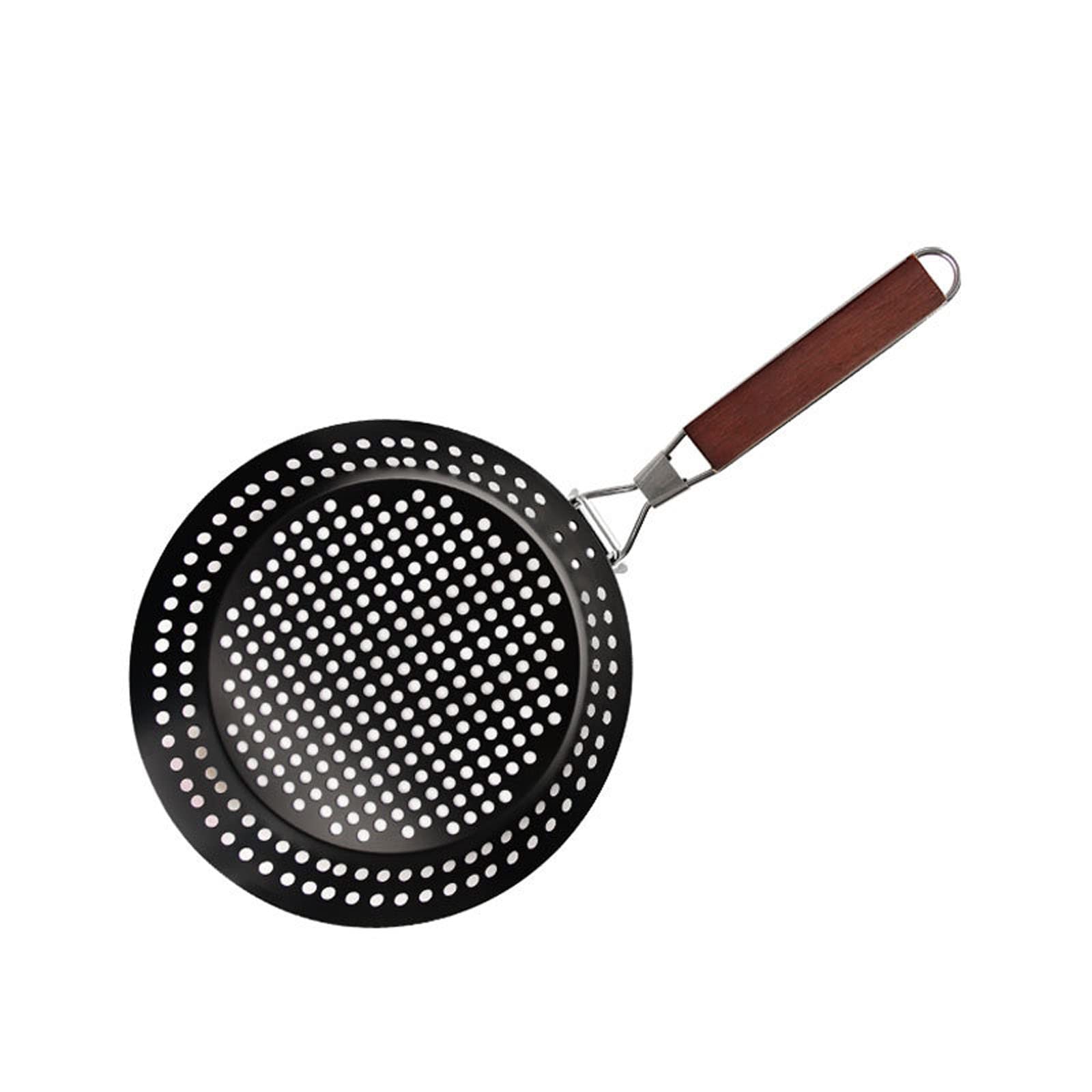 Tsophreniq Duty Frying Pan Grill Pan with Wooden Foldable Handle Hollow Grill Basket Tray Non-Stick Folding Barbecue Basket Non Stick Frying Pans
