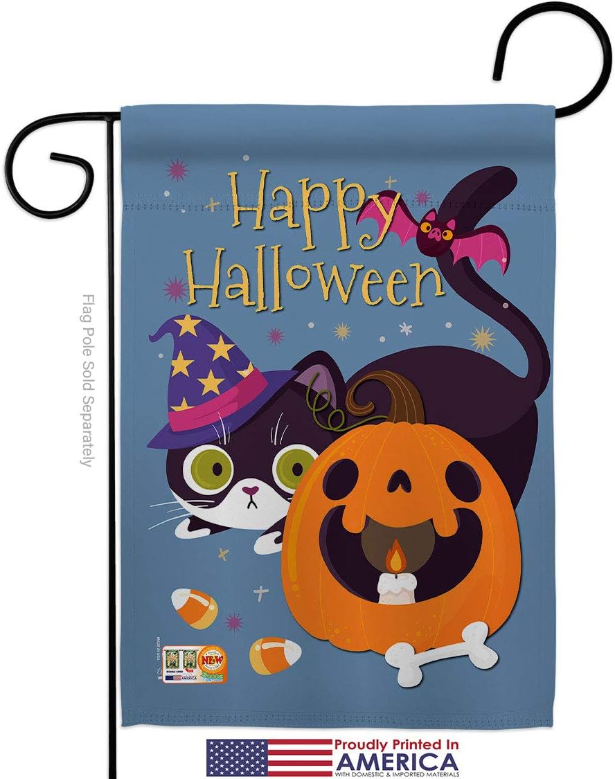 Witchy Cat Garden Flag Set Wall Holder Falltime Halloween Witch Trick or Treat Spooky Night Black Season Autumntime Pumpkin Small Decorative Gift Yard House Banner Made In USA 13 X 18.5