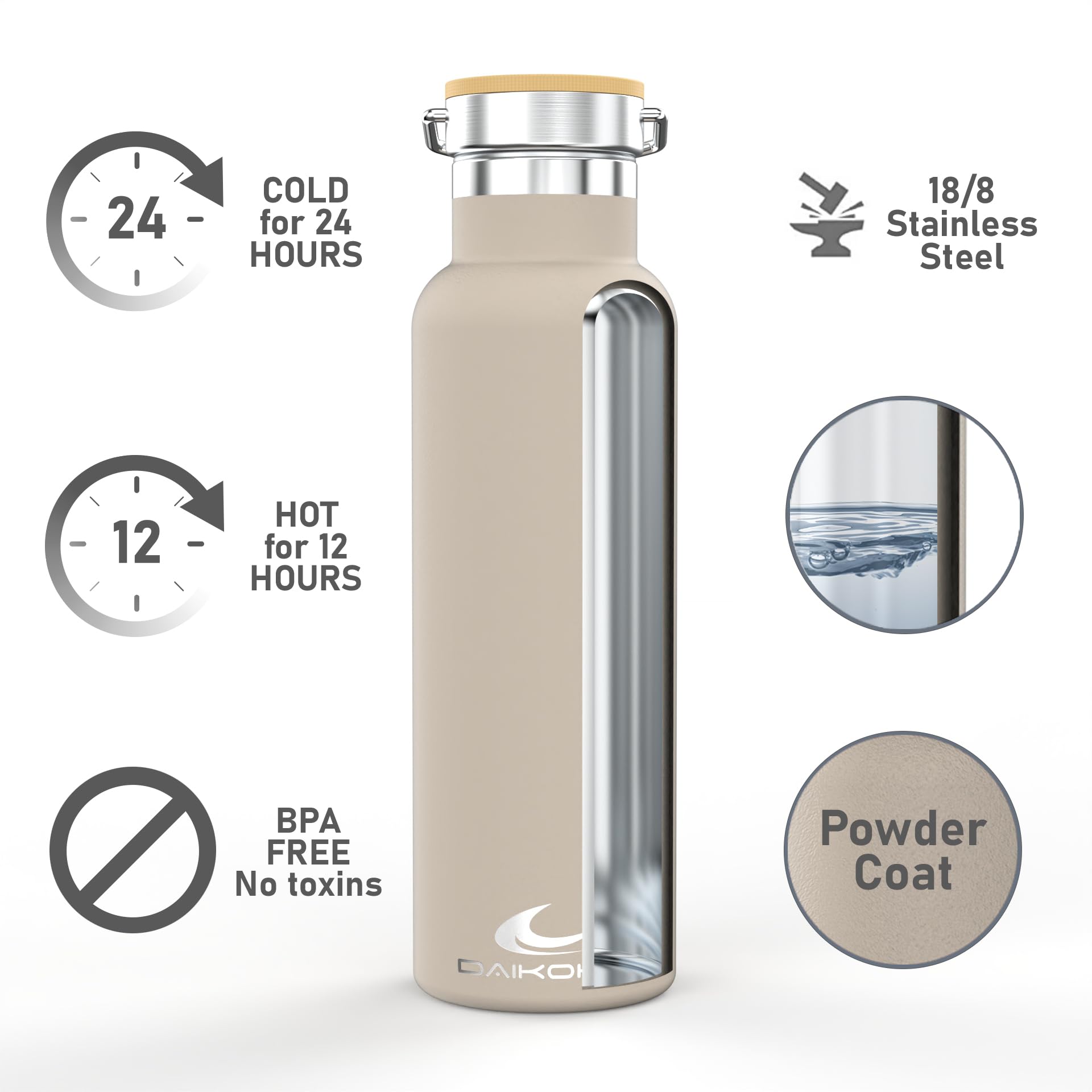Daikoku Botella Agua Acero Inoxidable - 1L - Botella Térmica - Bebidas Frías 24 Horas y Calientes 12 Horas - Botella Agua Antigoteo - Doble Pared Libre de BPA - Cantimplora Termica - Beige — view 4