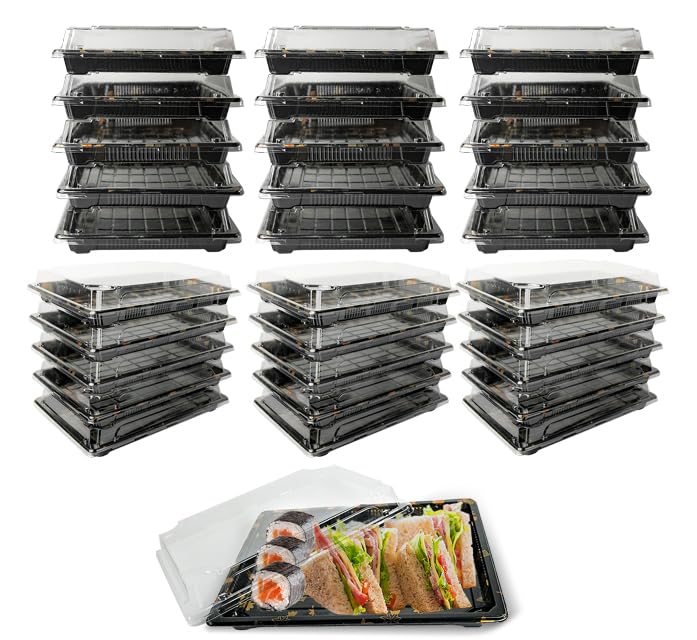 30 Pack Buffet Trays with Lids, Sandwich Platters Trays with Clear Lid, Plastic Catering Trays with Clear Lids for Party Food Cake Sushi 260x190x50 mm