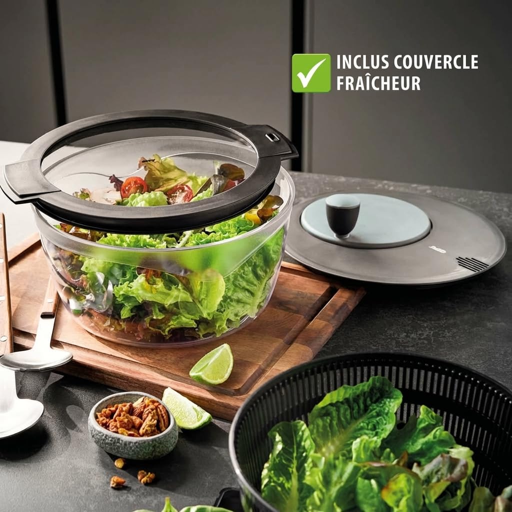 GEFU Essoreuse à salade avec couvercle fraîcheur | Bol en plastique de 3 l avec tamis et manivelle | Noir/gris