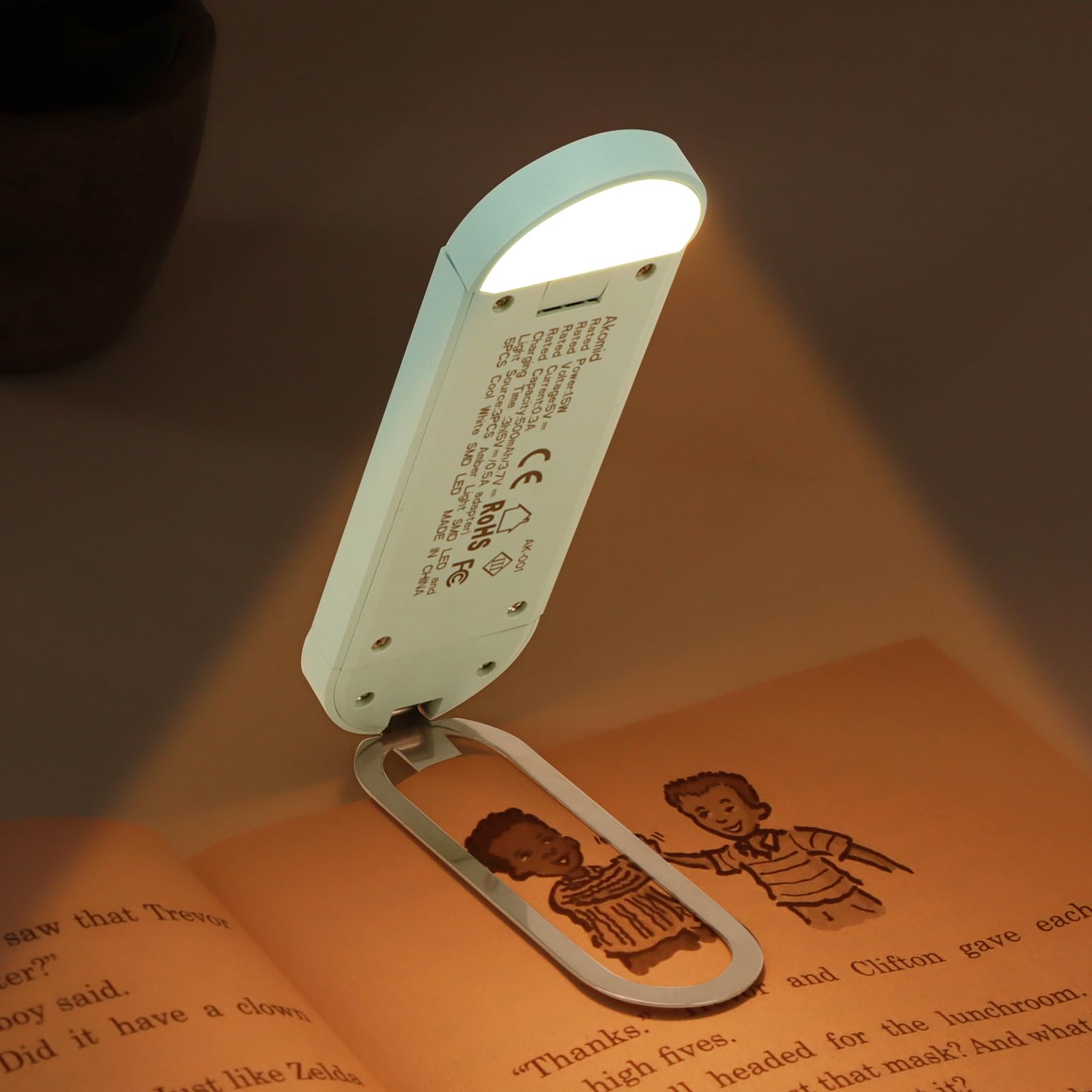 Akomid Lampe de lecture rechargeable par USB, à clipser, lumière ambrée pour lire au lit des enfants, 8 LED, intensité variable en continu, turquoise