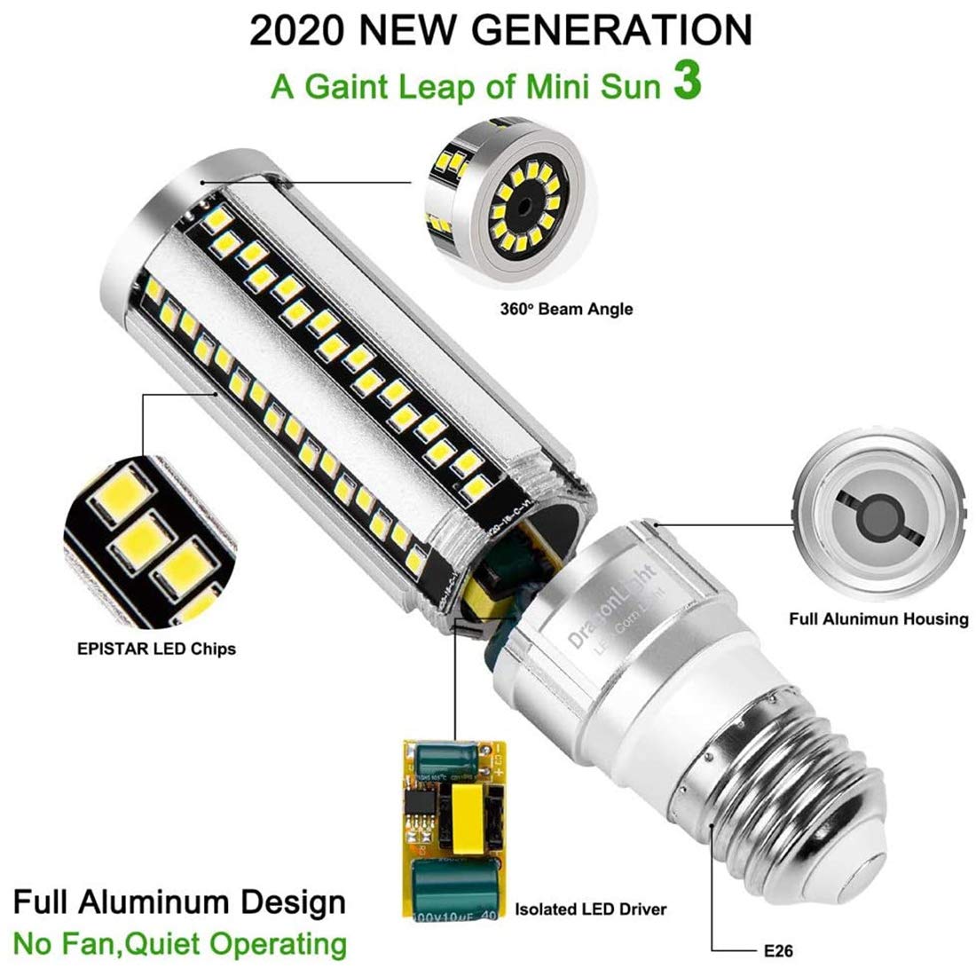 Lampadine Mais LED al Mais 2 Lampadine Super Luminose da 20 W (Equivalenti A 200 Watt) Luce Diurna 6000K 2.400 Lumen Lampadine LED E27 per Illuminazione Residenziale E Commerciale,100w e27