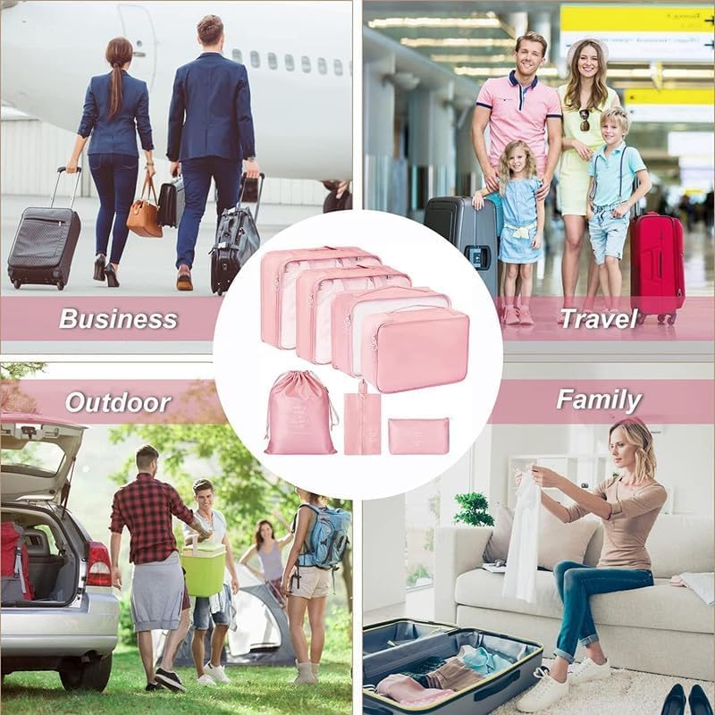 Image of 7pcs Set Travel Organizer Packing Cubes Lightweight Travel Luggage Organizers with Laundry Bag or Toiletry Bag Laundry Organiser. (BEIGE)