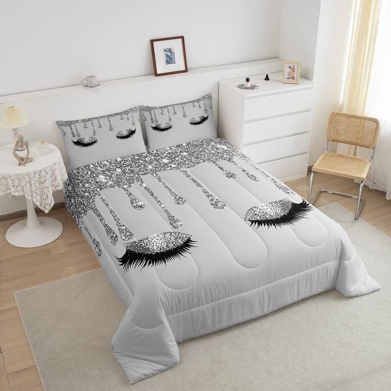 Glitter (No Glitter No Sequin) Eyelash Bedding Set Eyes Design Comforter Modern Simple Lovely Comforter Set for Kids Adults Grey Duvet Set Soft Room Decor 3Pcs King Size Boys