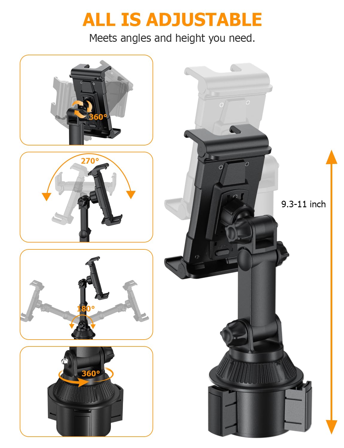 Support Tablette Pour Porte-gobelet Voiture - Bras Télescopique En Métal Réglable - Compatible IPad, Galaxy Tab, IPhone 4 à 13 Pouces