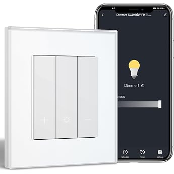 Smart WLAN Dimmer Switch with Glass Frame WiFi Dimmer Switch Compatible with Alexa & Google Home Flush-Mounted Light Switch Dimmable for LED Lamps 240 V White Neutral Conductor