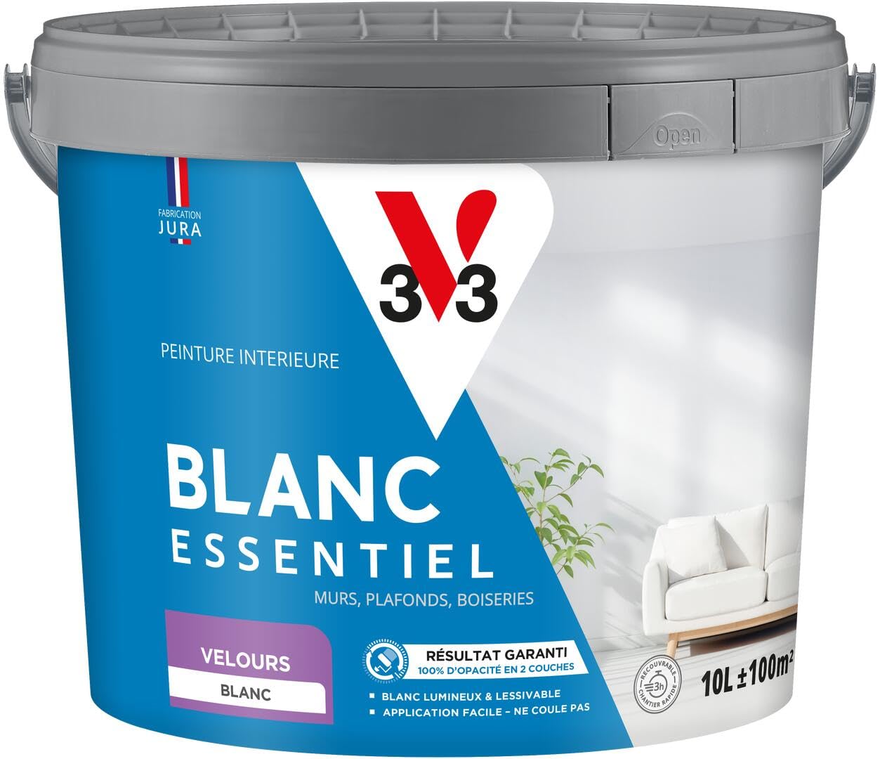 V33 - Blanc Essentiel - Peinture Intérieure - Peinture Murs, Plafonds et Boiseries - Application Rapide & Facile - Couvre en 2 Couches - Chantier Rapide Recouvrable en 3h - Blanc Durable - Velours 10L