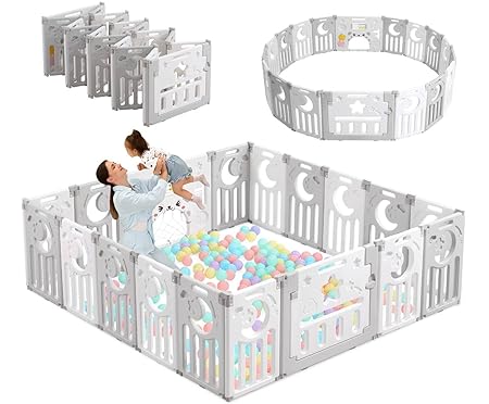 Baby Playpen, Dripex Baby Playard for Babies and Toddlers, 18-Panel Foldable Playpen Adjustable Portable Play Area, Indoor/Outdoor Kids Active Center with Game Panel & Safety Gate, Grey White