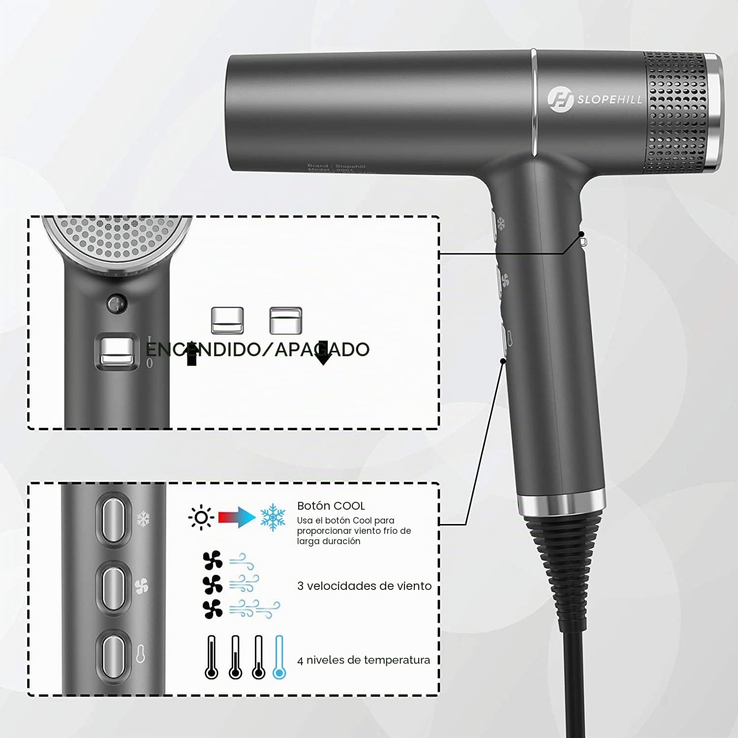 Secador Pelo, Slopehill Secador pelo Profesional ionico con Motor sin Escobillas Exclusivo | Microfiltro Innovador | Tecnología Oxy Activo | Pantalla LED | Diseño ultraligero de 268 g, 2000W (gris)