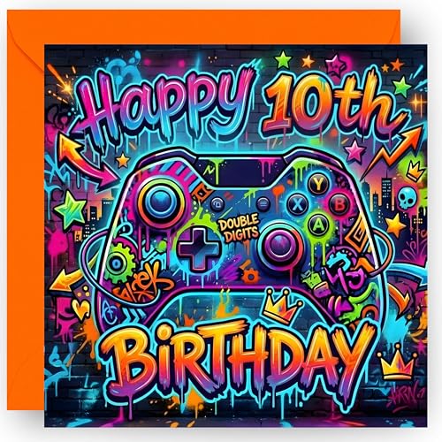 10th Birthday Card Gift for Boys and Girls Gamer Themed Design Happy 10 Years Old Birthday Greeting Card with Bright Orange Envelope - Size 14cm