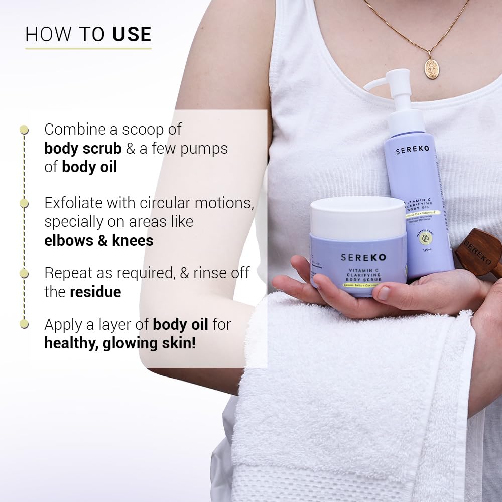 SEREKO Vitamin C Body Exfoliating Kit Clarifying Body Scrub 100 g, Clarifying Body Oil 100 ml, Exfoliator for all Skin Types, Natural, Cruelty free, Vegan, Clean Beauty for Gifting and Personal Use 4