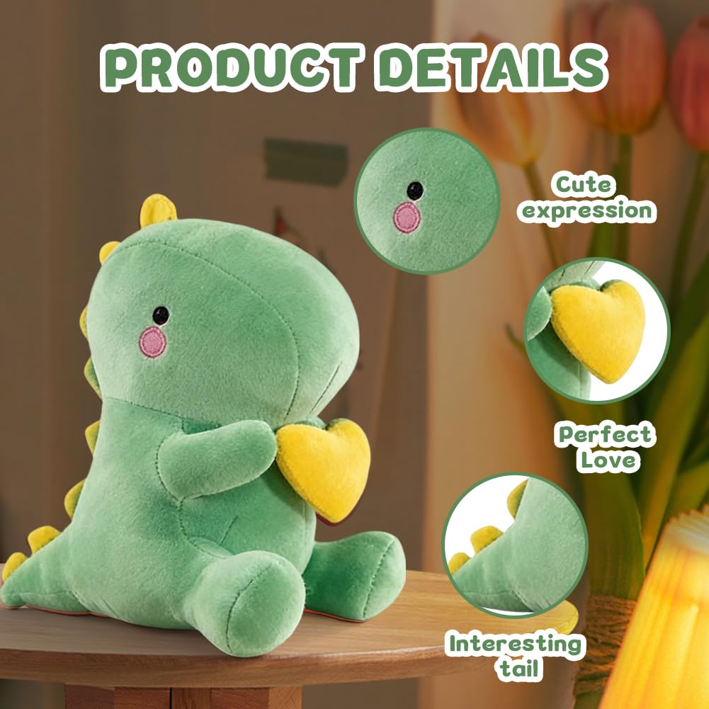 Peluche Dinosauro con Cuore - Dolce Dino Peluche Cuscino, 30CM Kawaii Peluche Dinosauro Pupazzo, Dinosauro Peluche Regalo per Ragazze, Fidanzata, Bambini, San Valentino (Verde)