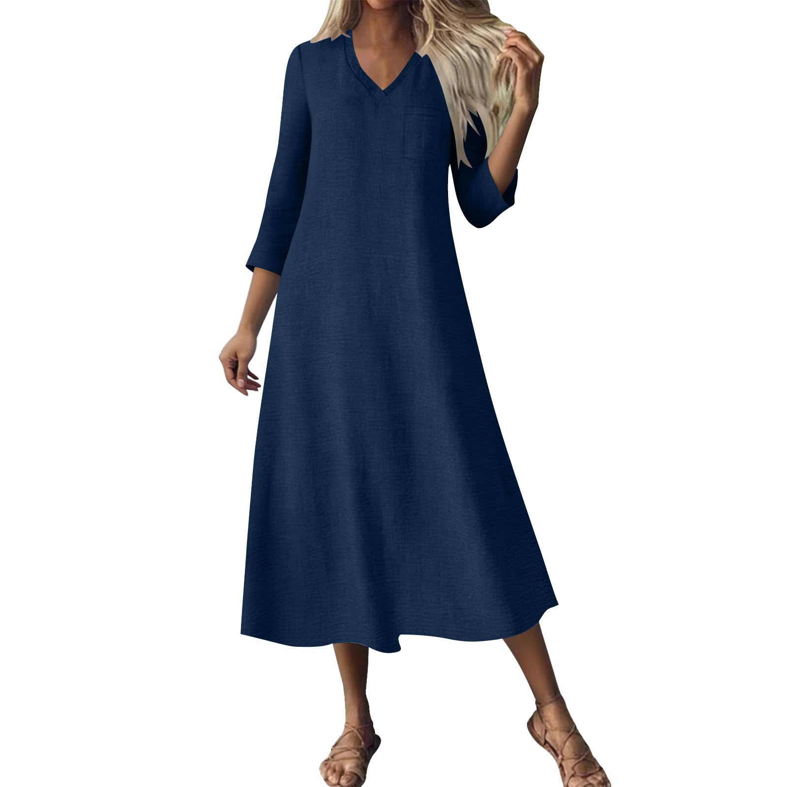 RLEHJN Maxikleider Damen Sommer,Langarm V-Ausschnitt Sommerkleid Boho Kleid Einfarbige Lang Strandkleid Leicht Und Luftig Leinenkleider Freizeitkleid Elegant Casual Kleider Baumwollkleid