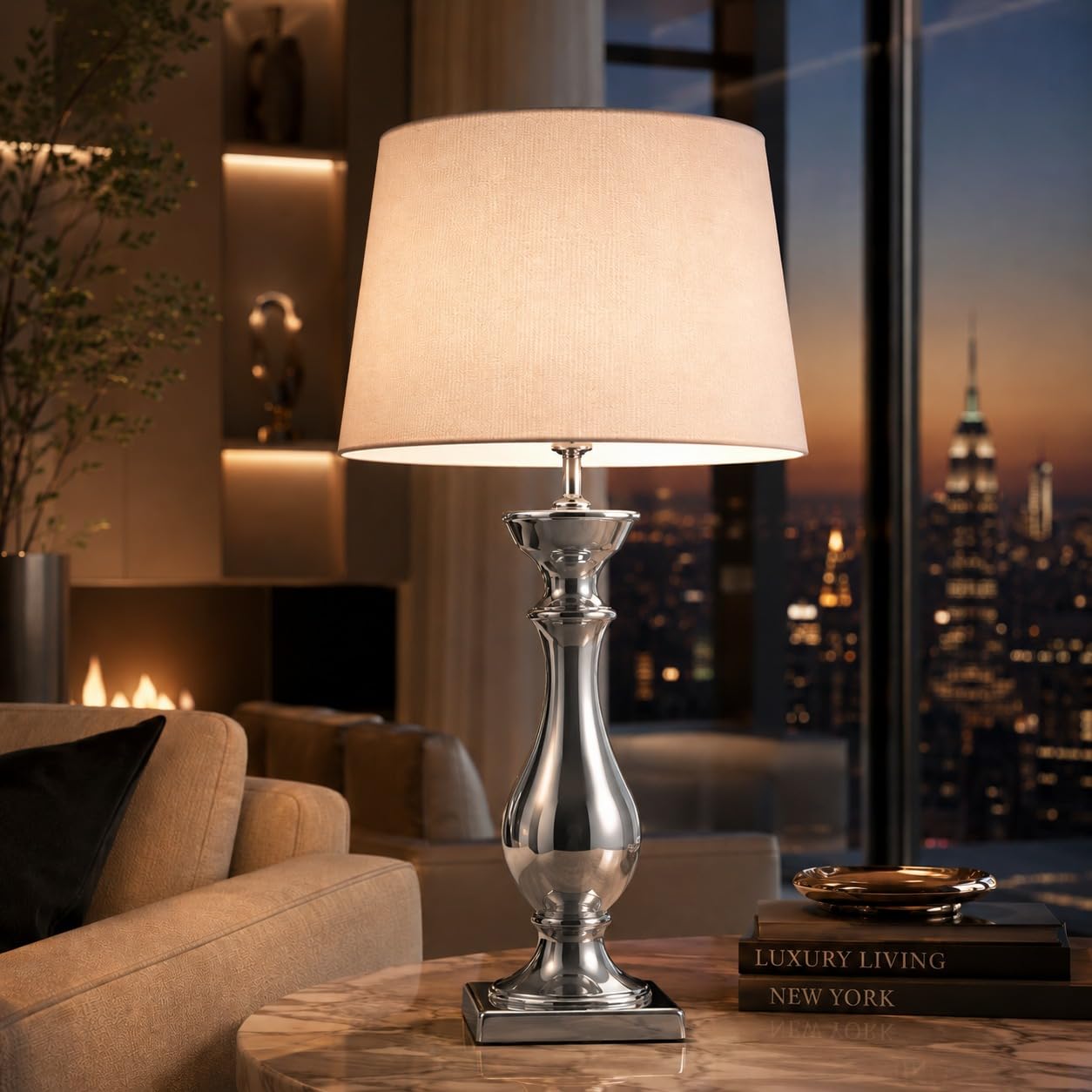 Tischlampe Silber Keramik 60 cm mit Weißem Stoffschirm – Nachttischlampe Schlafzimmer, Moderne Tischleuchte Wohnzimmer, E27 Tischleuchte mit Kabelschalter, Dekolampe, Leselampe für Büro & Flur