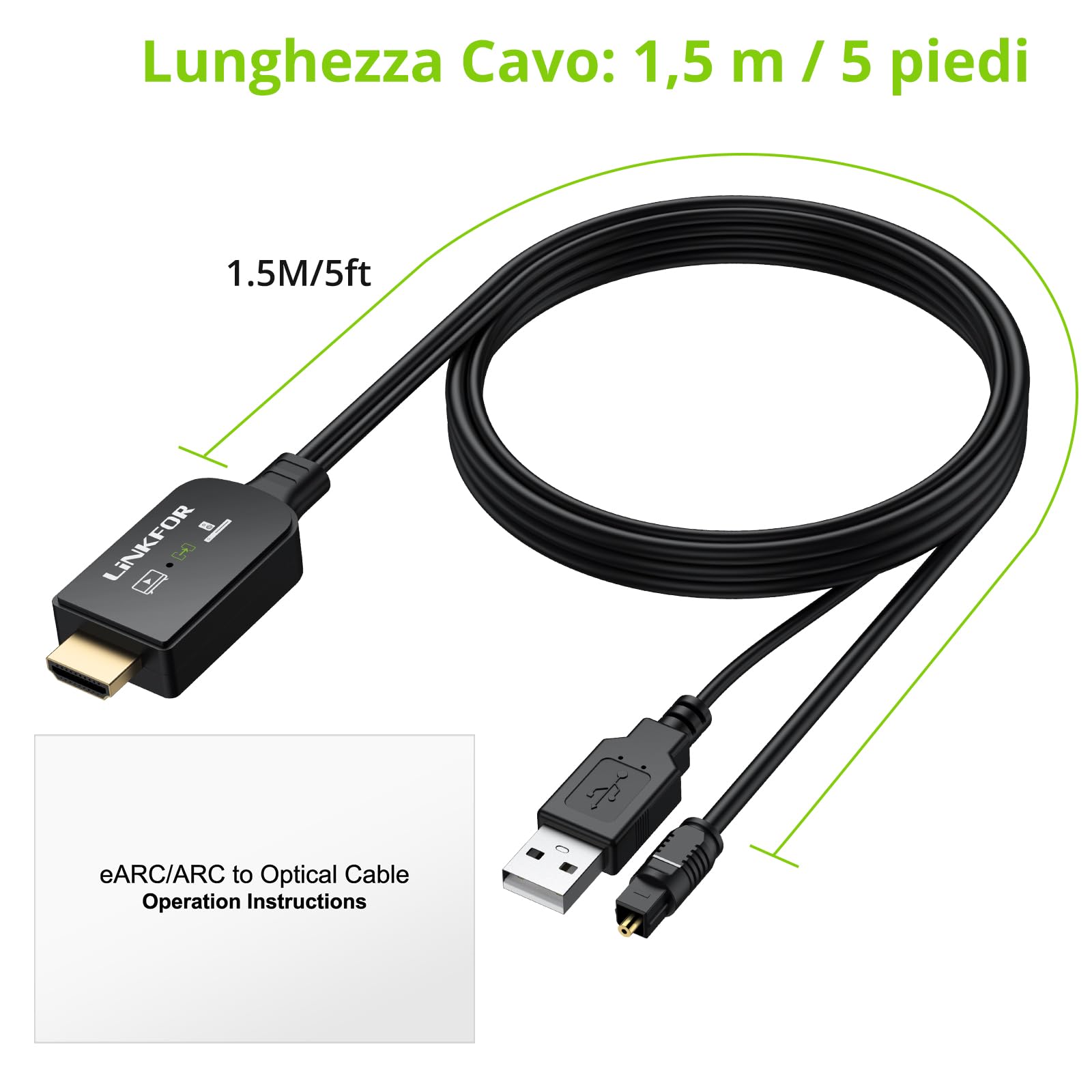LiNKFOR Adattatore HDMI ARC a Ottico Supporta Audio 192kHz/24bit e Dolby DTS 5.1 Convertitore Cavo HDMI eARC/ARC a Ottico (1.5m) Design All-in-One Estrattore Audio HDMI eARC per Soundbar, Home Theater
