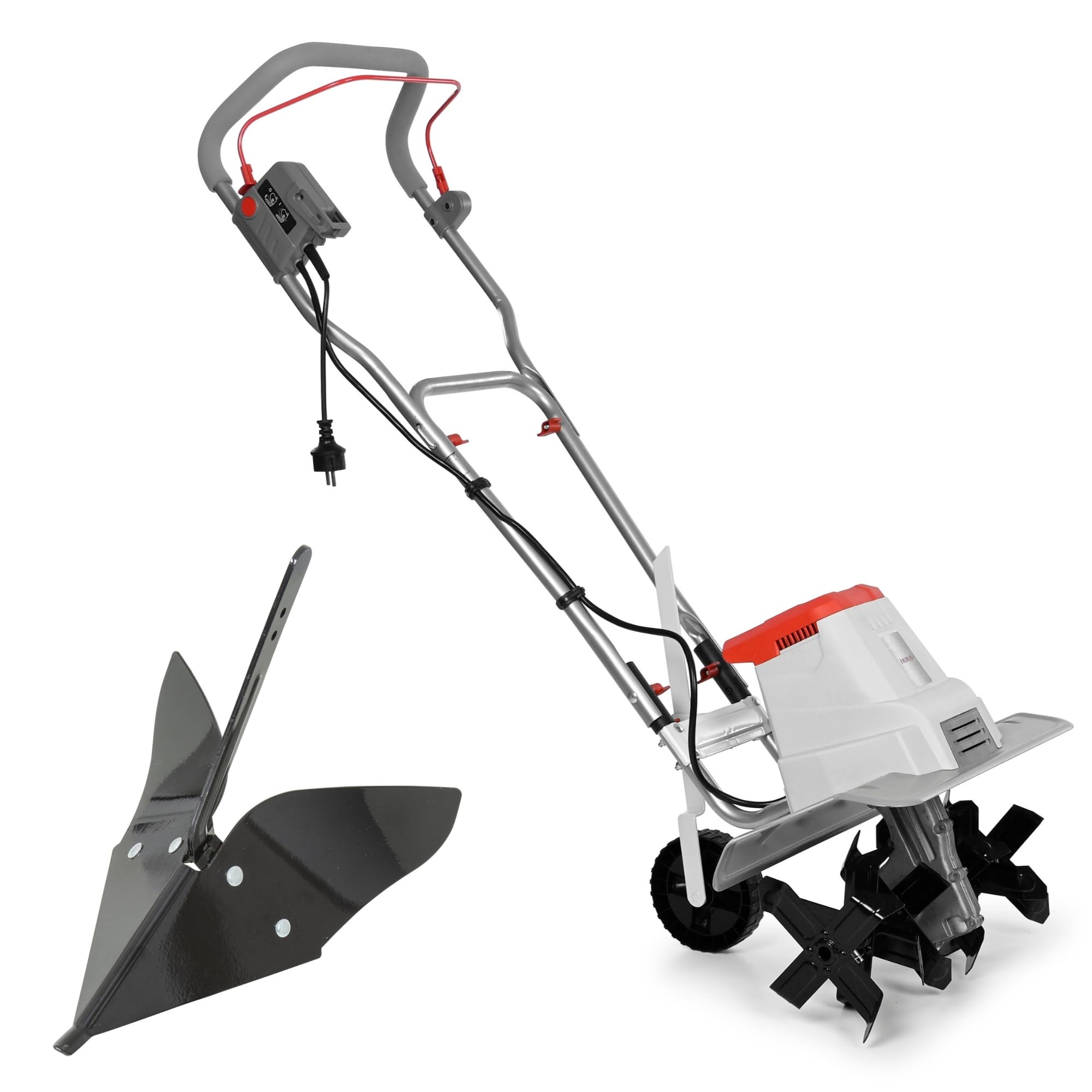 IKRA Elektro Bodenhacke IEM 1500, 2 Breiten 32 & 45cm, inkl. Häufelpflug | Boden lockern und Saatbett vorbereiten, 1500W, Arbeitstiefe 20cm, Bremssporn, Transportrad, zusammenklappbar, Überlastschutz