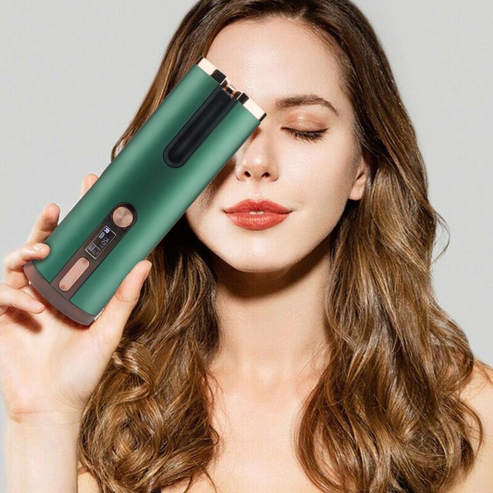 Automatic Curling Iron, Hair Curling Iron for Hair Styling, Cordless Auto Hair Curler, with 6 Temps and Timers, Auto Shut-Off, Fast Heating, Rechargeable Cordless Hair Curler (Green)