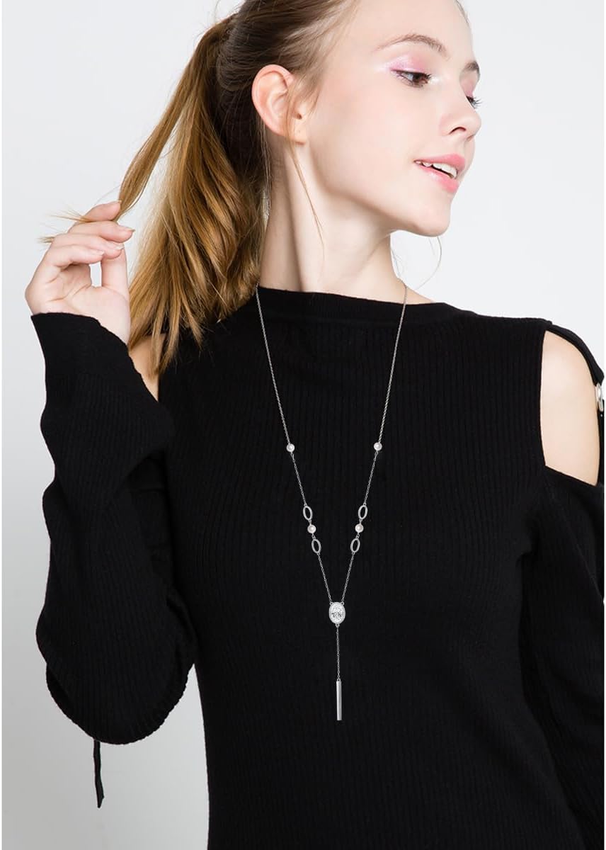 DAOCHONG Long Chain Sweater Necklace for Women S925 Sterling Silver Long Chain Large Pendant Sweater Y-Necklace for Women Teenage Girls 26 inches