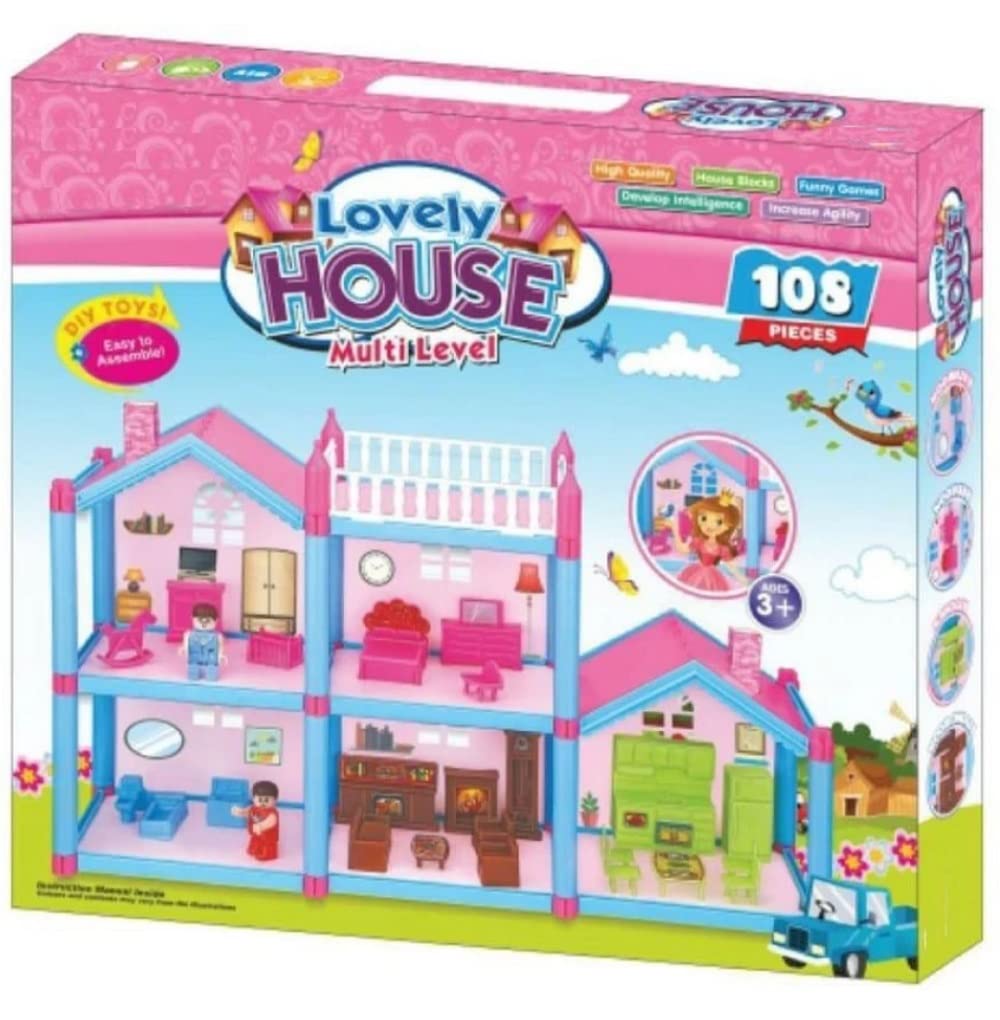 TYKON HUB Plastic Multilevel Doll House with Accessories (dh01) - 108 Pieces