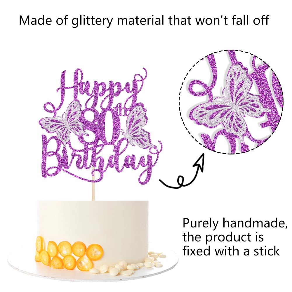 Kaoenla 3D Butterfly Happy 80th Birthday Cake Topper, Glitter eighty/80th Birthday/anniversary, Butterfly Theme Party Cake Decor (80th, Purple)