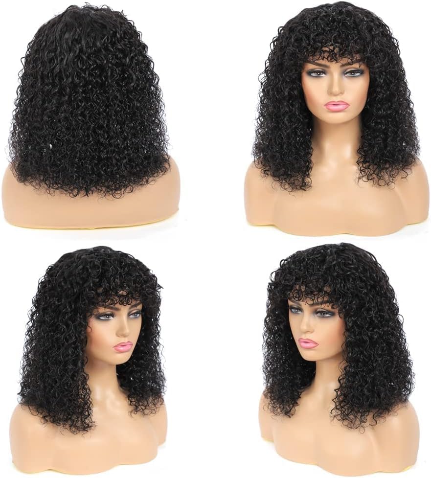 Short Bob Curly Human Hair Wigs With Bangs 100% Brazilian Real Human Hair Wig For Black Women 12 Inch Bob Wigs Glueless kinky Curly Machine Made None Lace Front Wig Natural Black - Image 2