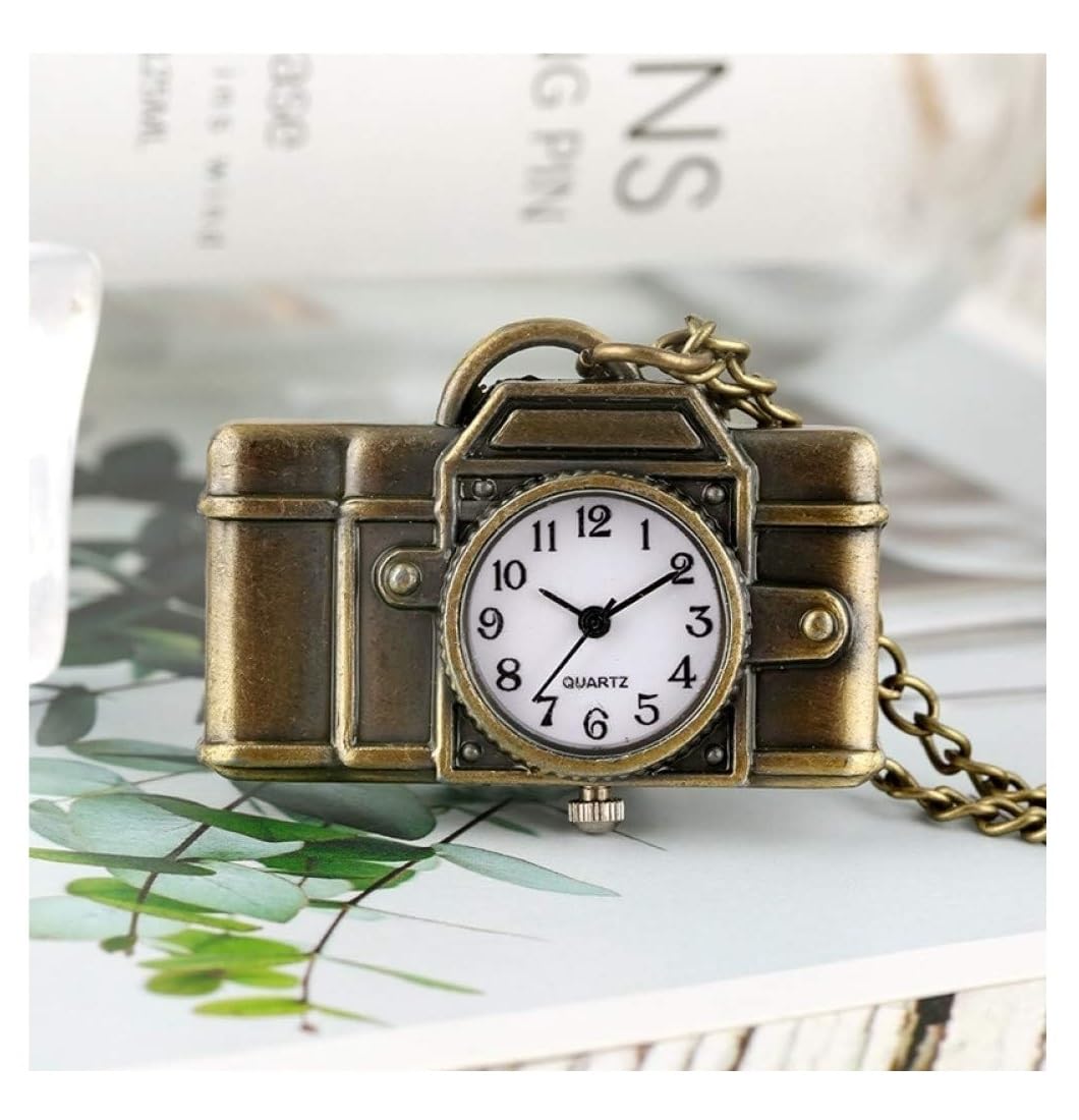 Reloj de Bolsillo Unisex Reloj De Bolsillo Cuarzo con Forma Cámara Única, Collar Colgante Moda Bronce Vintage, Relojes Clásico Fiestas