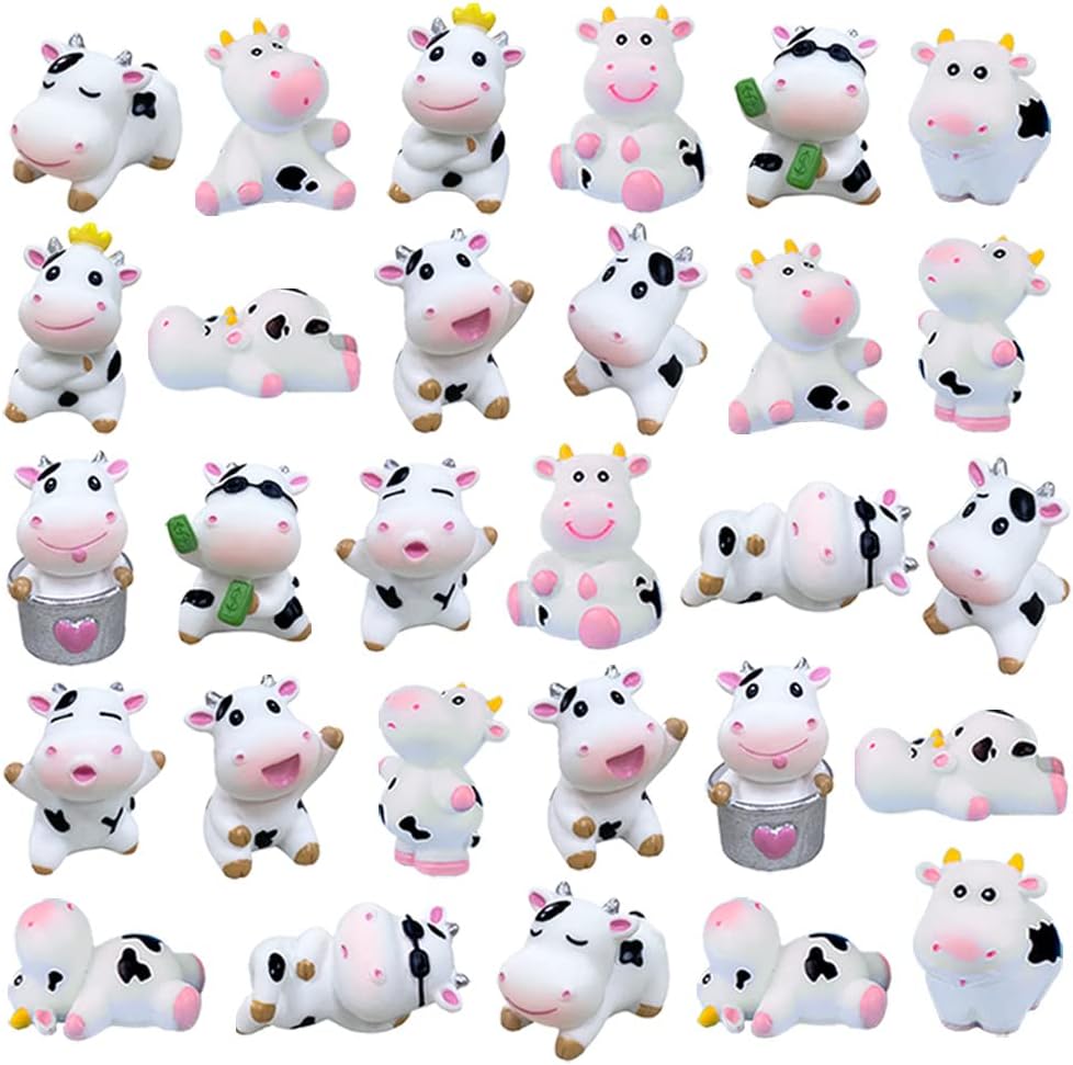 14 Pcs Mini Cute Cow Animal Figures Toy Cake Toppers, Miniature Cow Figurines Fairy Garden Moss Landscape DIY Terrarium Crafts Ornament, Cake Decoration Christmas Birthday Gift,