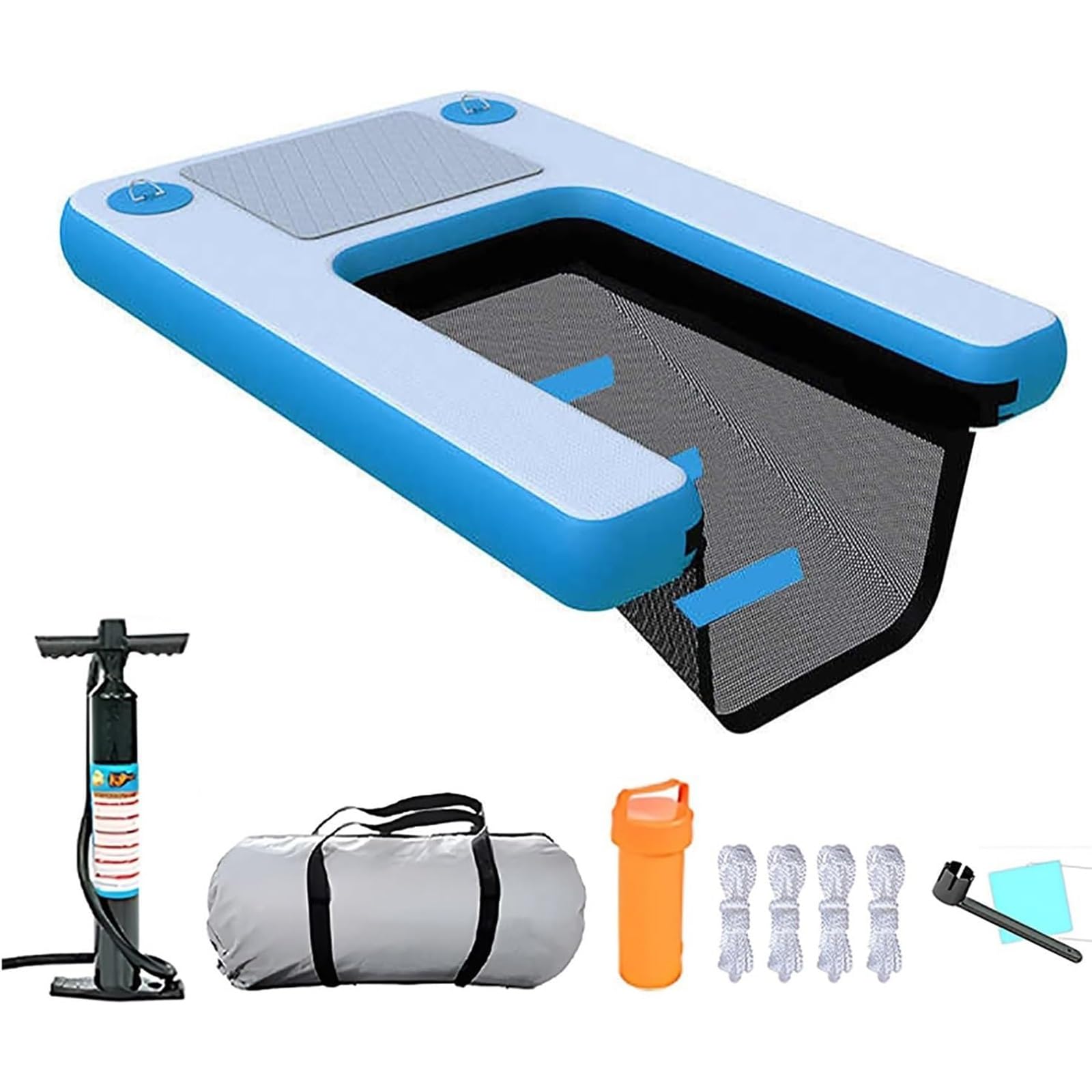 Escalera antideslizante para perros en piscina Plataforma de agua inflable para mascotas de hasta 105 kg, rampa de piscina de seguridad para perros con bomba, bolsa de almacenamiento, cuerda y kit de