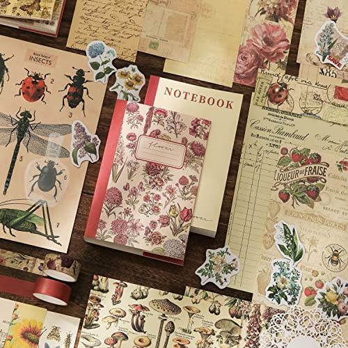 Image of emmoolife Vintage Aesthetic Scrapbooking Supplies Kit, Flowers Botanical Bullet Junk Journal Kit with Journaling Supplies, Tweezers, A6 Grid Notebook,Stationery,Sticker, Birthday Craft Gift for Adult