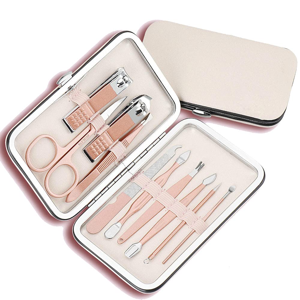 Professionelles Nagelknipser-Set, 7-18-teilig, scharfer Nagelschneider aus Edelstahl, Pediküre- und Maniküre-Set mit Cortex-Metallgehäuse für Männer und Frauen, Silber, 10-teiliges Set (Rosa 10)
