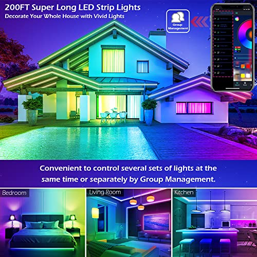 Image of Led Strip Lights,Long Smart Led Light Strips Music Sync 5050 RGB Color Changing Rope Lights,Bluetooth APP /IR Remote /Switch Box Control Led Lights for Bedroom,Home Decoration,Party,Festival (200FT)