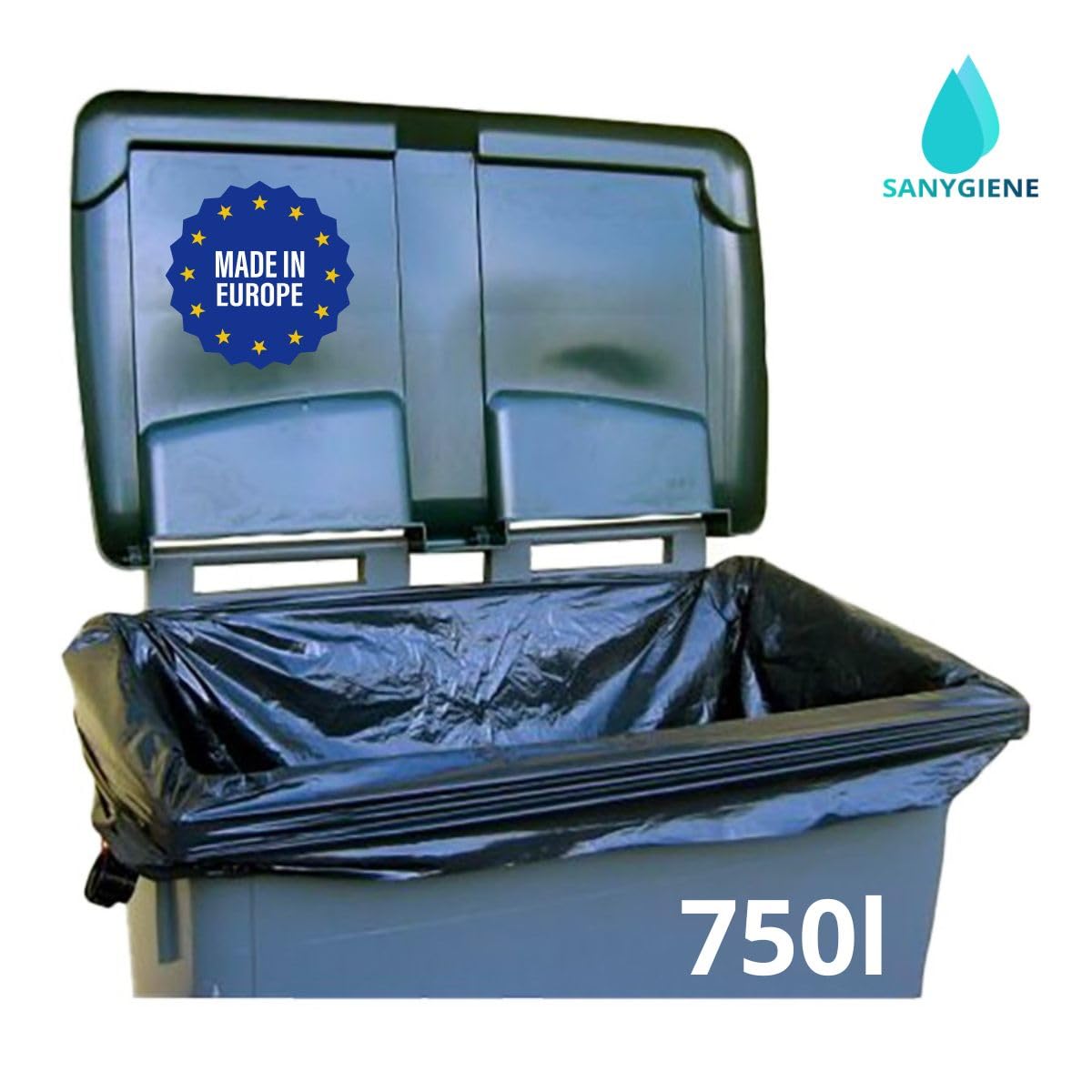 SANY GIENE | Borsa della spazzatura 750 L | Custodia protettiva contenitore della spazzatura 750 litri | Cartone 25 sacchetti | Nero opaco | Gamma professionale | Spessore 35 µ | Anti perdite e anti