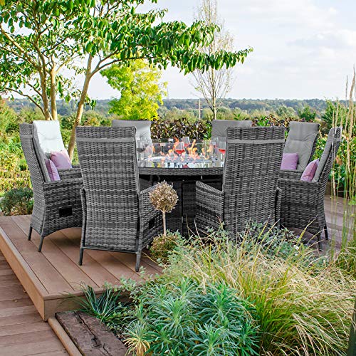 Nova Ruxley Grey 8 Seat Outdoor Rattan 1.8m Round Fire Pit Table & Chairs Set