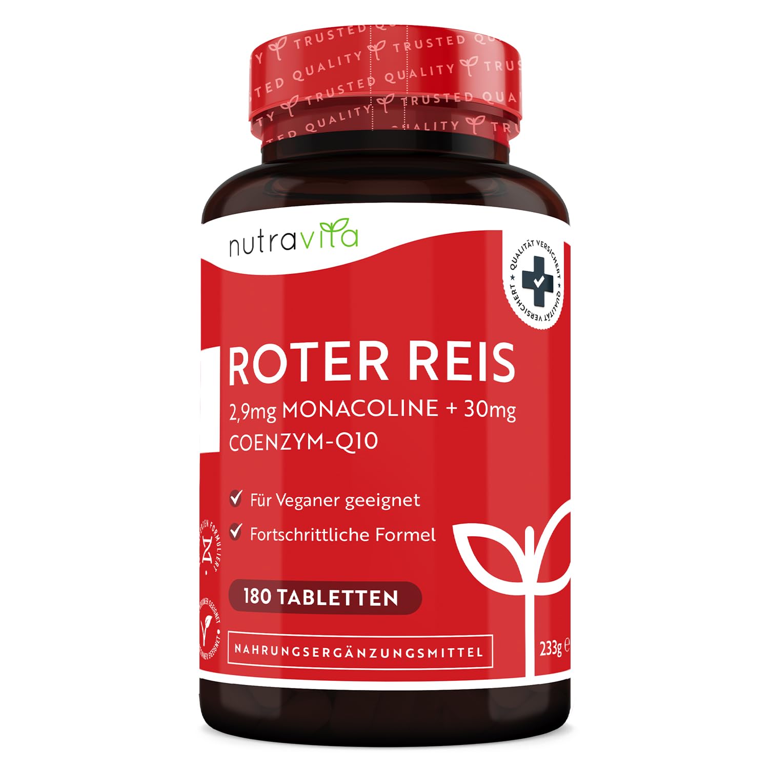 Fermentierter Roter Reis 617mg - 180 Vegane Tabletten - Cholesterin Senken - Hochdosiert mit 2,9 mg Monacolin K und 30 mg CoQ10 pro Tablette - Laborgeprüft - Roter Reis Kapseln Alternative - Nutravita