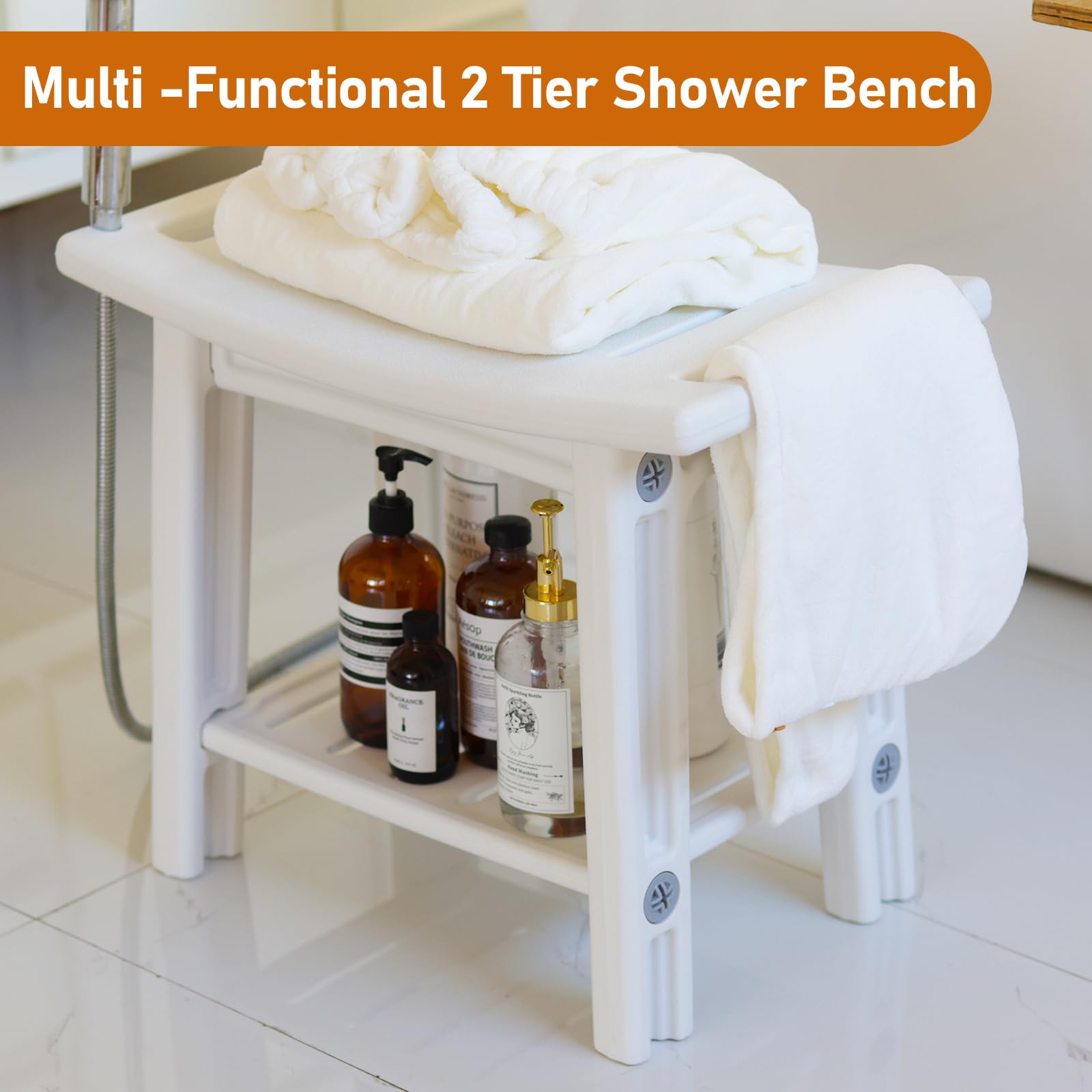 Silla de ducha impermeable, taburete de ducha impermeable con asidero, taburete de baño con soporte para el cabezal de ducha, silla multiusos con capacidad de carga de 150 kg, 56 x 32 x 46 cm (blanco)