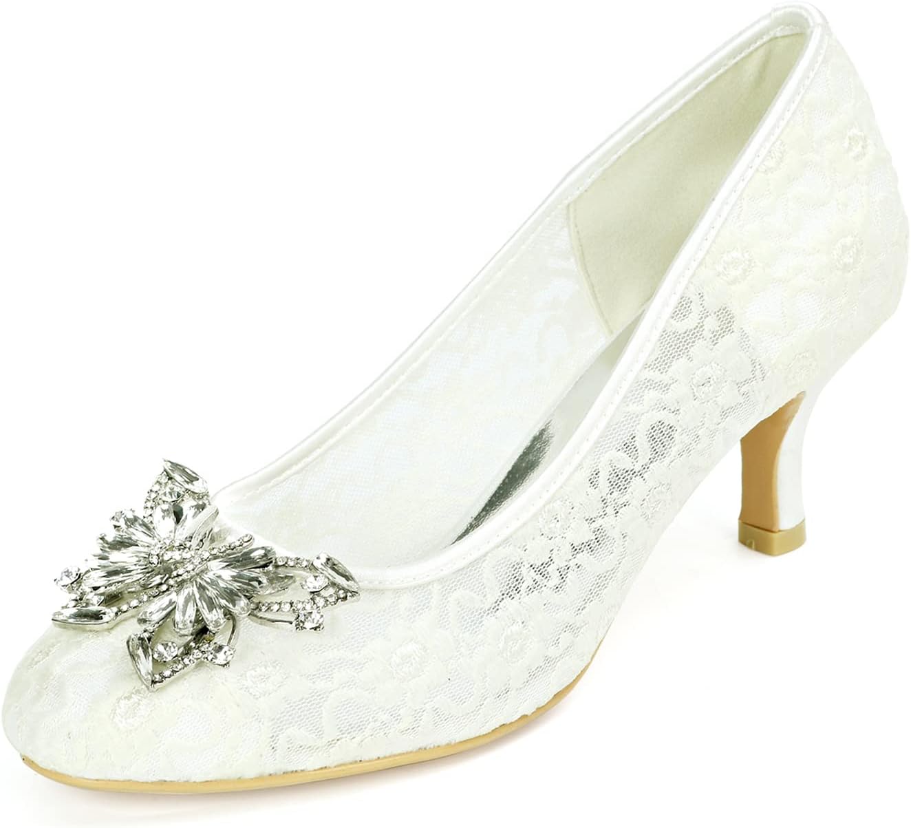 Women Lace Mesh Satin Bling Rhinestone Mid Heel Bridal Bride Pumps Wedding Evening Porm Dress Shoes,Ivory,7