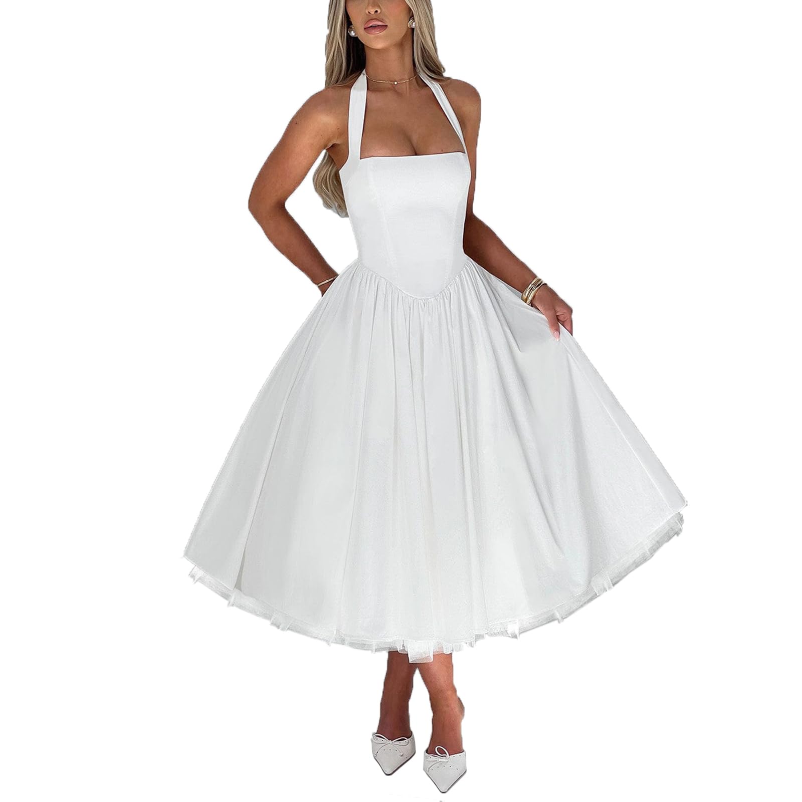 Women Summer Halter Dress Low Cut Sleeveless A Line Tulle Swing Flowy Tea Length Dress Corset Prom Formal