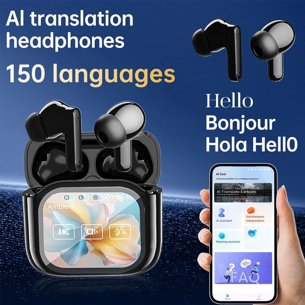 AI Language Translation Earbuds, LCD Touch Screen Real-Time Translator for 144 Languages & Accents Headphones,Translators for Travel Business Learning Translation Device Earphones 2