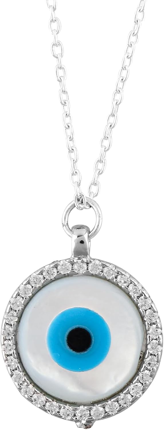 AURA GEMS Evil Eye Charm Round Pendant Necklace with Cubic Zirconia Stones, Elegant Handcrafted for Women, Postivity, Good Luck Beautiful Women Simple Jewelry, Silver Plated Jewelry 18 inch