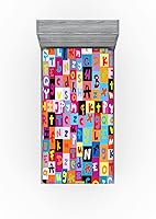 Vista 3 de Ambesonne Sábana bajera abstracta con estampado gráfico de letras del alfabeto de colores, funda de cama con bolsillo profundo elástico para mayor