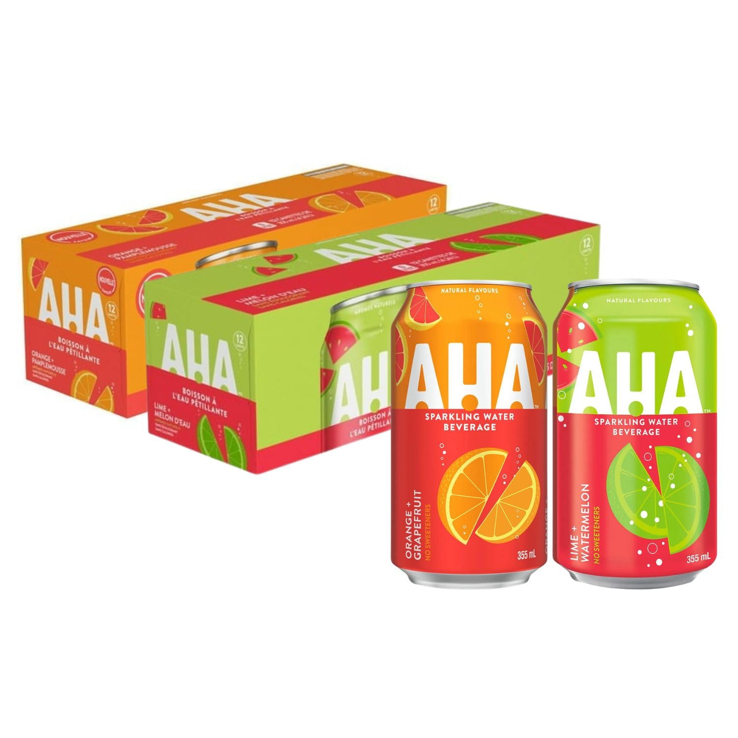 AHA Sparkling Water - Calorie Free, Sweeteners Free, Natural Flavor - Pack of 24 (12 Cans of Lime Watermelomn, 12 Cans of Orange Grapefruit) 355 mL/12 fl. oz. - Shipped from Canada by TrendnSave
