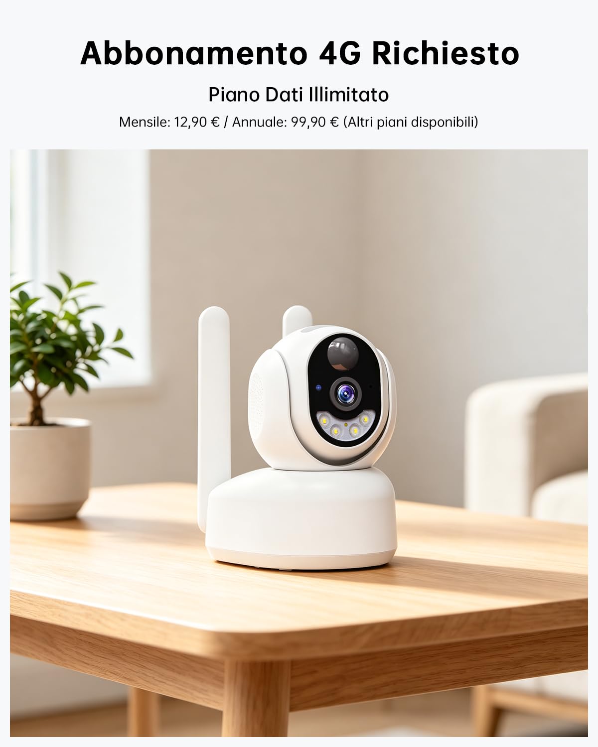 4G LTE Telecamera Interno con SIM, 2K 360° PTZ Telecamera Senza WiFi | Videocamera Sorveglianza Senza Fili Indoor, Visione Notturna a Colori, PIR Rilevamento, IP66, Per Neonati, Anziani e Animali