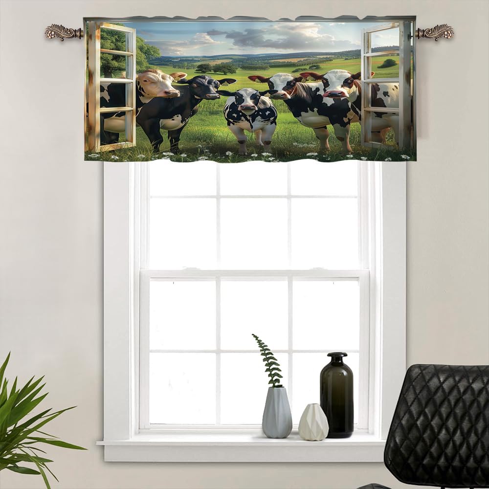 2 Panels Retro Rustic Cow Valances for Windows, Farmhouse Animal Floral Field Rod Pocket Valance Curtains Home Decor Window Treatment for Kitchen/Living Room, 54" W X 18" L