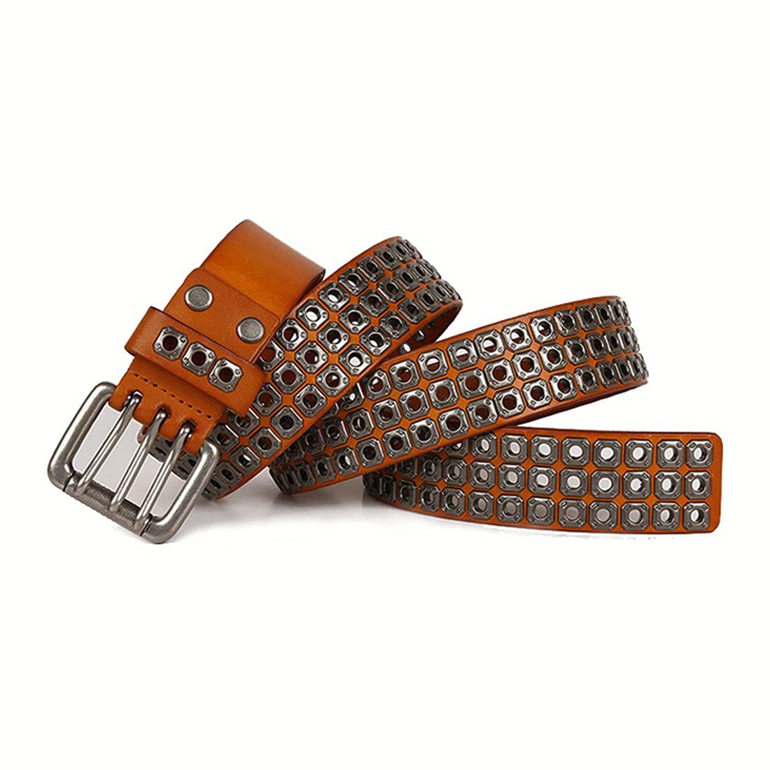 JNKET Punk Rock Hollow Out Studded Belt Men Cowhide Cinturon Pin Buckle Belt Jean Belts (120cm, Brown)