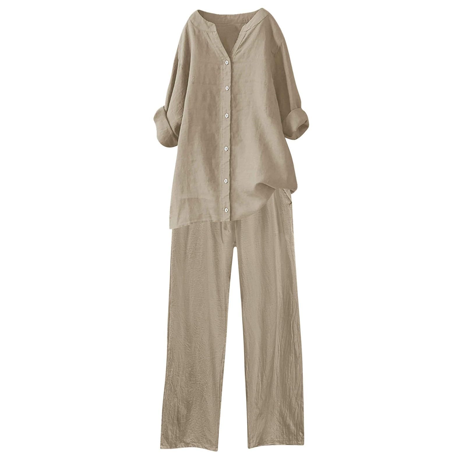 Generisch Spodnie damskie, dwuczęściowe, letnie, dwuczęściowe, lniane, eleganckie, plisowane, eleganckie, letnie, muślinowe, piżamowe, letnie stroje dla kobiet