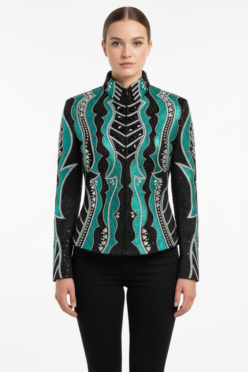 Western Women's black with Ramagreen Showmanship Jackets Glass Stone Embedded Fabric Handmade Embroidery Equestrian Outfit