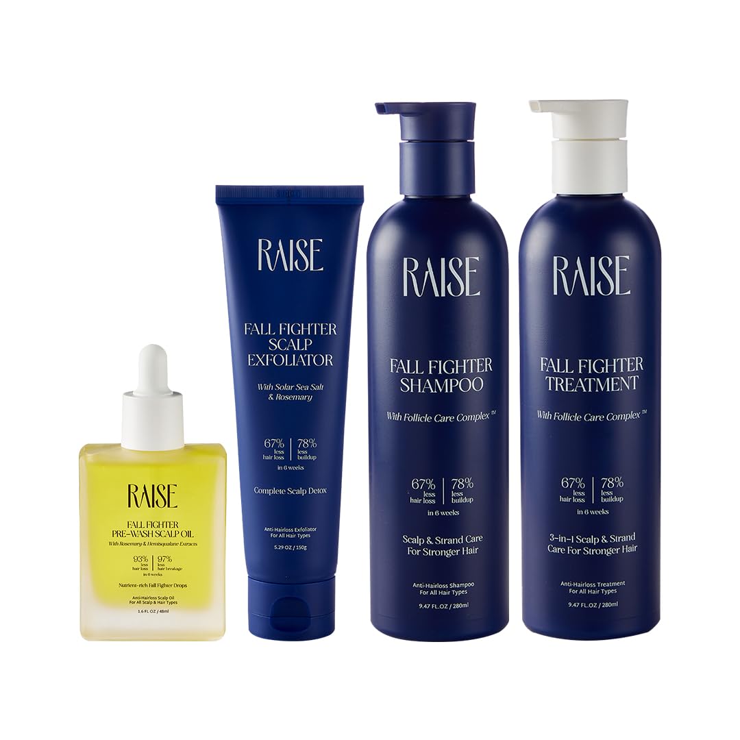 Raise 4-Step Anti-Hairfall Combo| Reduces Hair Fall by 67% in 6 weeks | Patented Follicle Care Complex | Complete 4-Step routine with Hair Oil, Exfoliator, Shampoo & Conditioner | Silicone-Free | SLS & Paraben Free | 48ml/150g/280ml/280ml