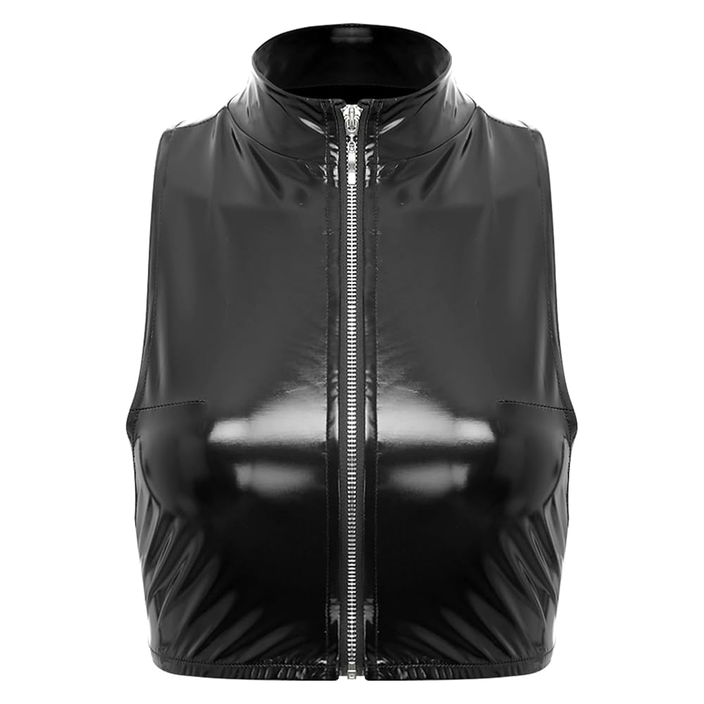 トップス Vegan Leather Front Zip Tops DPOIS Womens Faux Leather Front Zipper Tank Tops Red XL