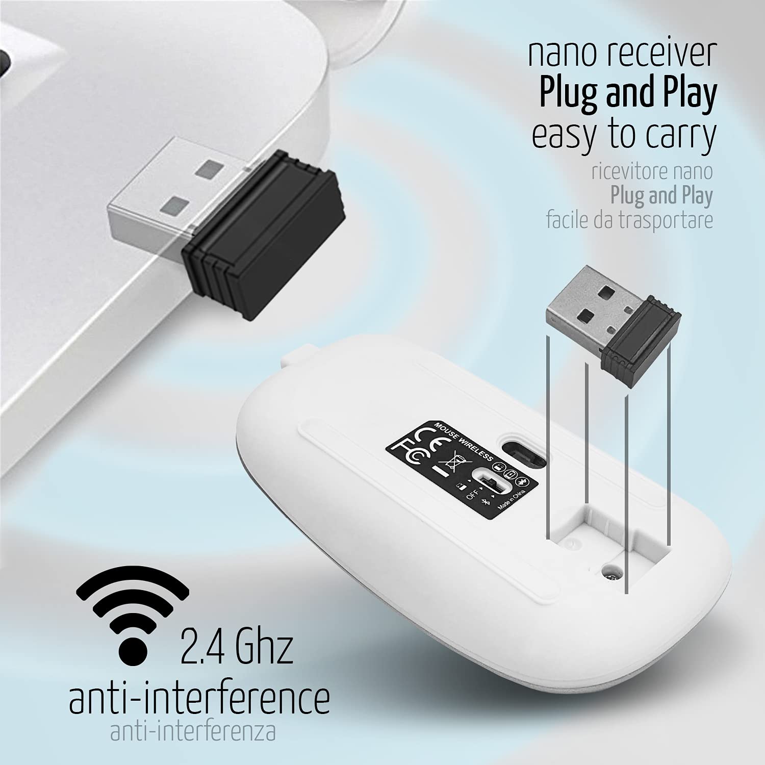 Mouse Wireless Per Computer Portatile, Ricaricabile, Mouse Wireless Portatile Da 2,4 GHz, Con USB/USB-C, Due Ricevitori Per Computer, Compatibile Con Dispositivo TypeC/MacBook Air/Pro, IPad, Mac - Foto 8